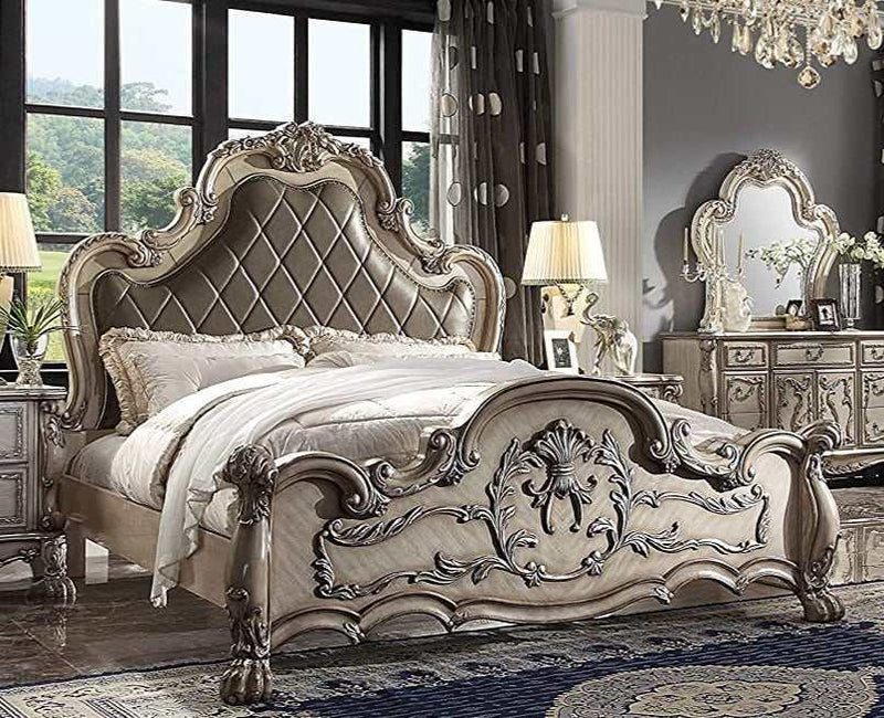 Dresden Bone PU & Gold Patina Queen Bed - Ornate Home