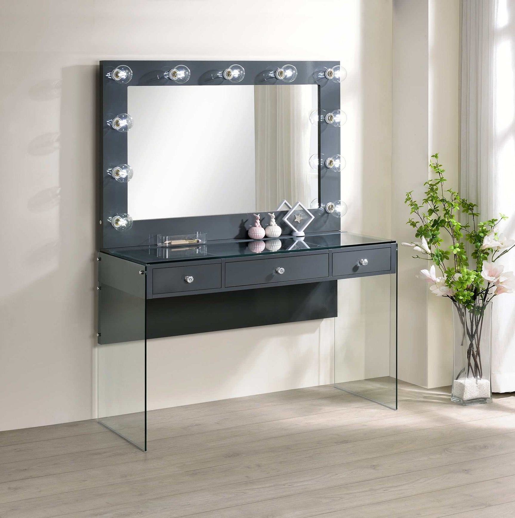 Afshan Grey High Gloss / Clear Vanity Table & Mirror - Ornate Home