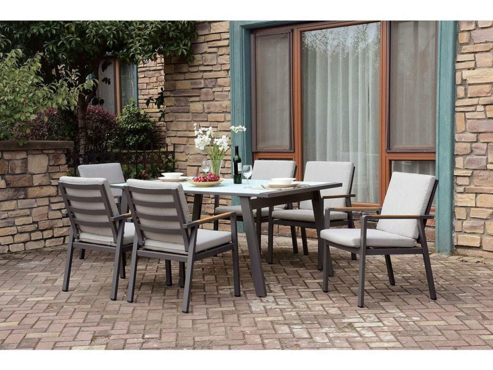 Alycia Beige & Gray Patio Arm Chairs (Set of 6) - Ornate Home