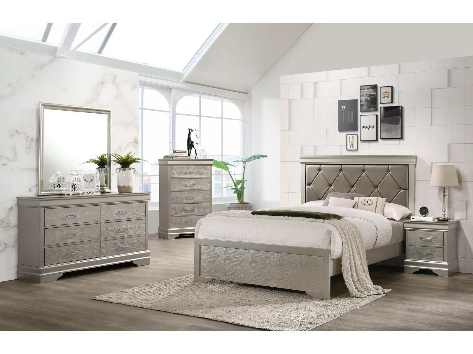 Amalia Silver Upholstered Panel Bedroom Set - Ornate Home