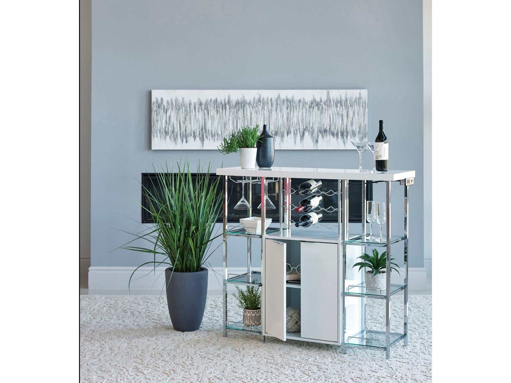 Ammaar White & Chrome Bar Cabinet w/ Glass Shelf - Ornate Home