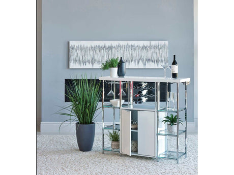 Ammaar White & Chrome Bar Cabinet w/ Glass Shelf - Ornate Home