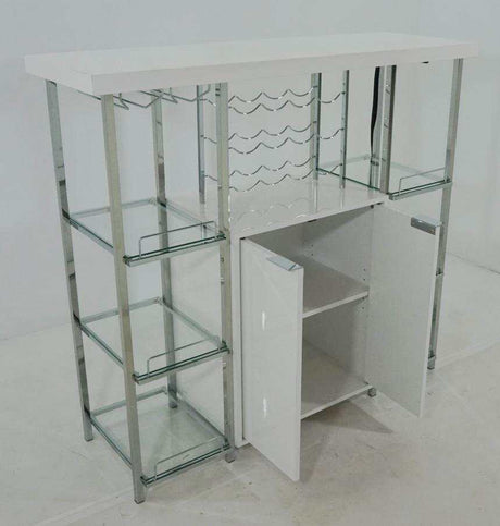 Ammaar White & Chrome Bar Cabinet w/ Glass Shelf - Ornate Home