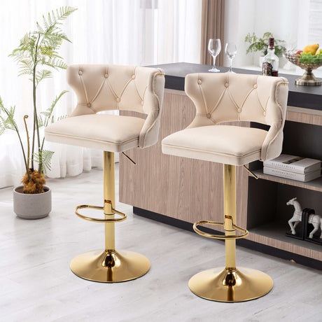 Ano Bar Stools With Back and Footrest Counter Height Dining Chairs-Velvet Beige-2PCS/SET - Ornate Home