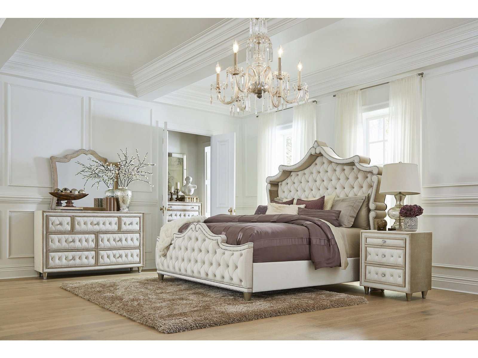 Antonella Ivory & Camel 5pc Queen Panel Bedroom Set - Ornate Home