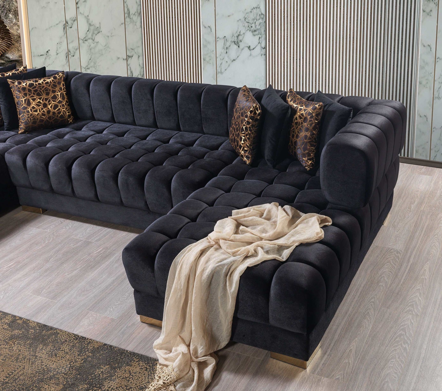 Ariana Black Velvet Double Chaise Sectional - Ornate Home
