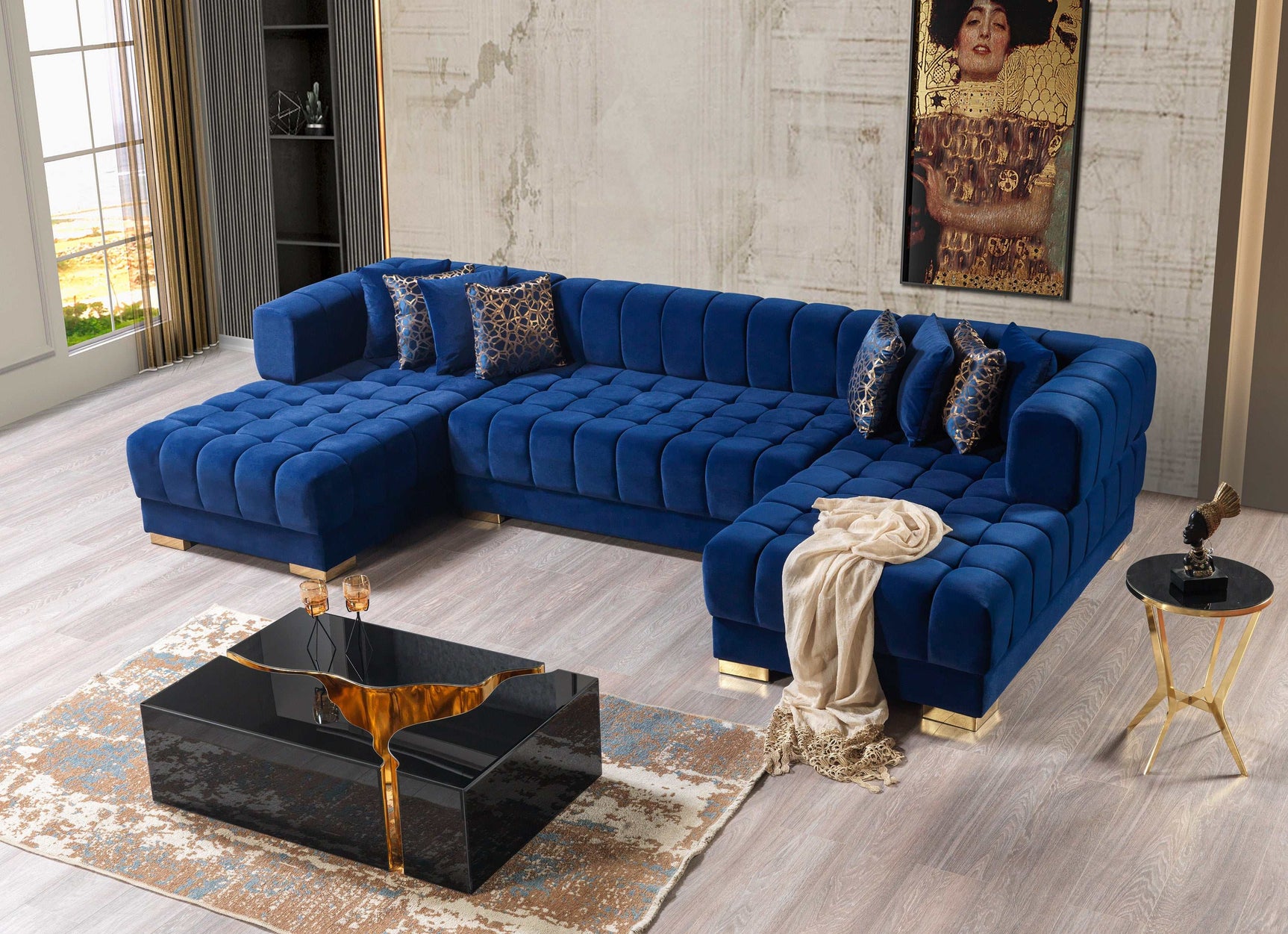 Ariana Blue Velvet Double Chaise Sectional - Ornate Home