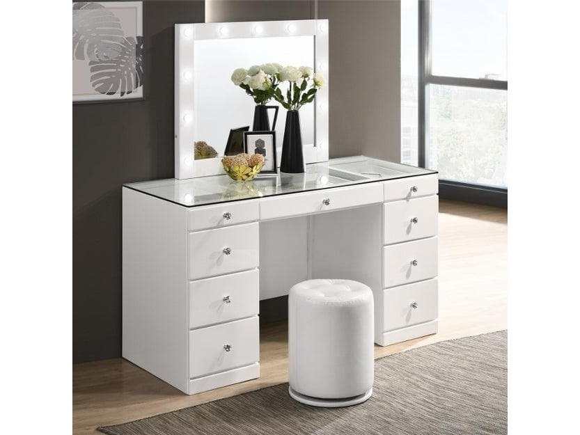 Avery White Vanity Set w/LED Mirror & Stool - Ornate Home