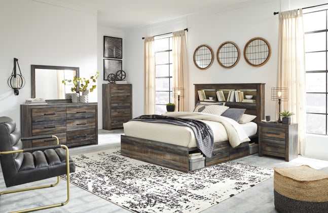 Drystan Multi Tone Queen Bed w/ 2 Storage Drawers & Bookcase HB - Ornate Home