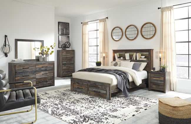 Drystan Multi Tone Queen Panel Bed w/ FB Storage & Bookcase HB - Ornate Home