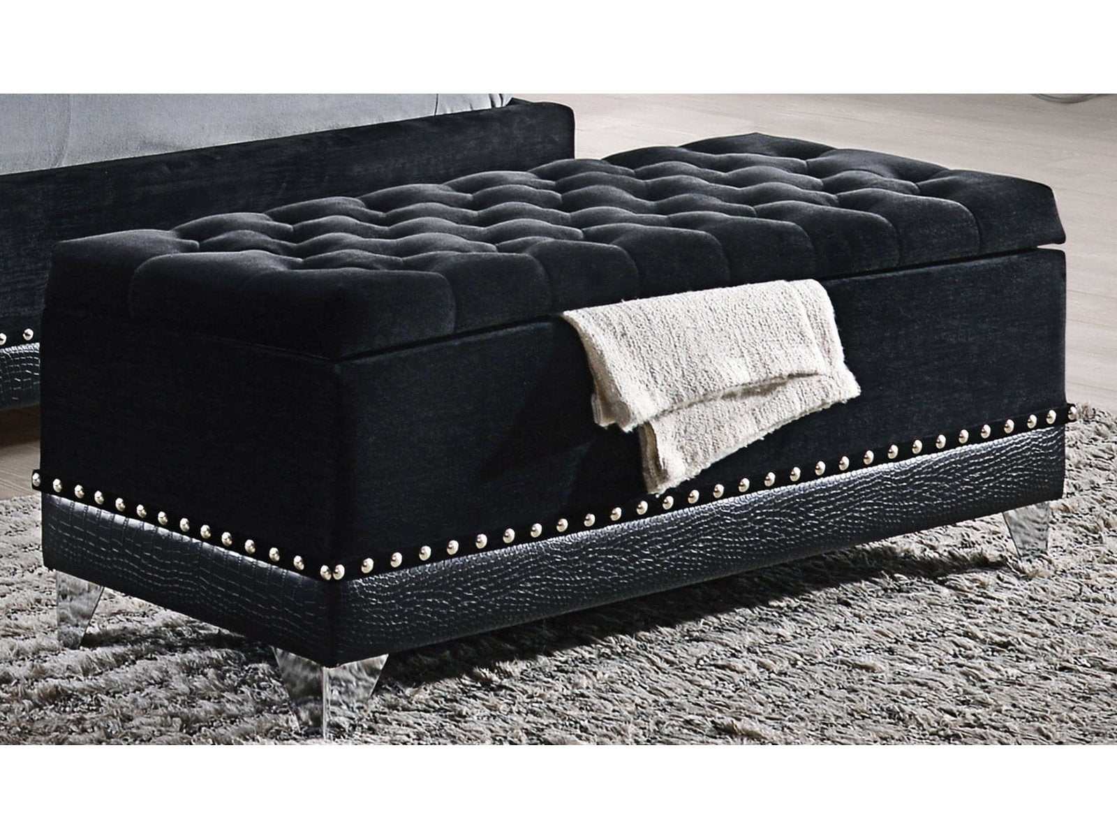 Barzini Black Velvet Upholstered Tufted Storage Bench - Ornate Home