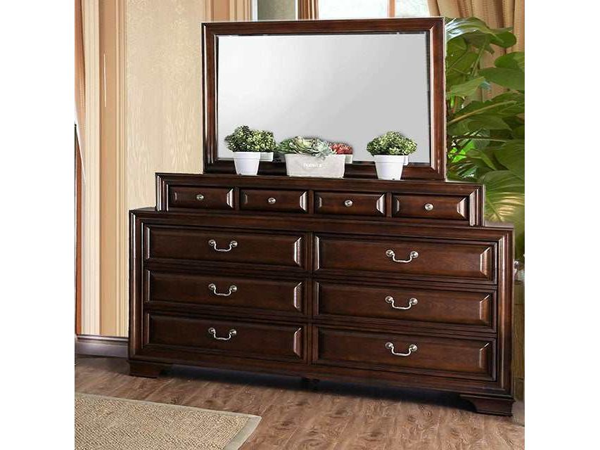 cherry brown dresser Furniture of America Brandt Exposed bun feet with Black Corduroy Pinafore Mini status::active Color:White/Blue Inked Chinoiserie