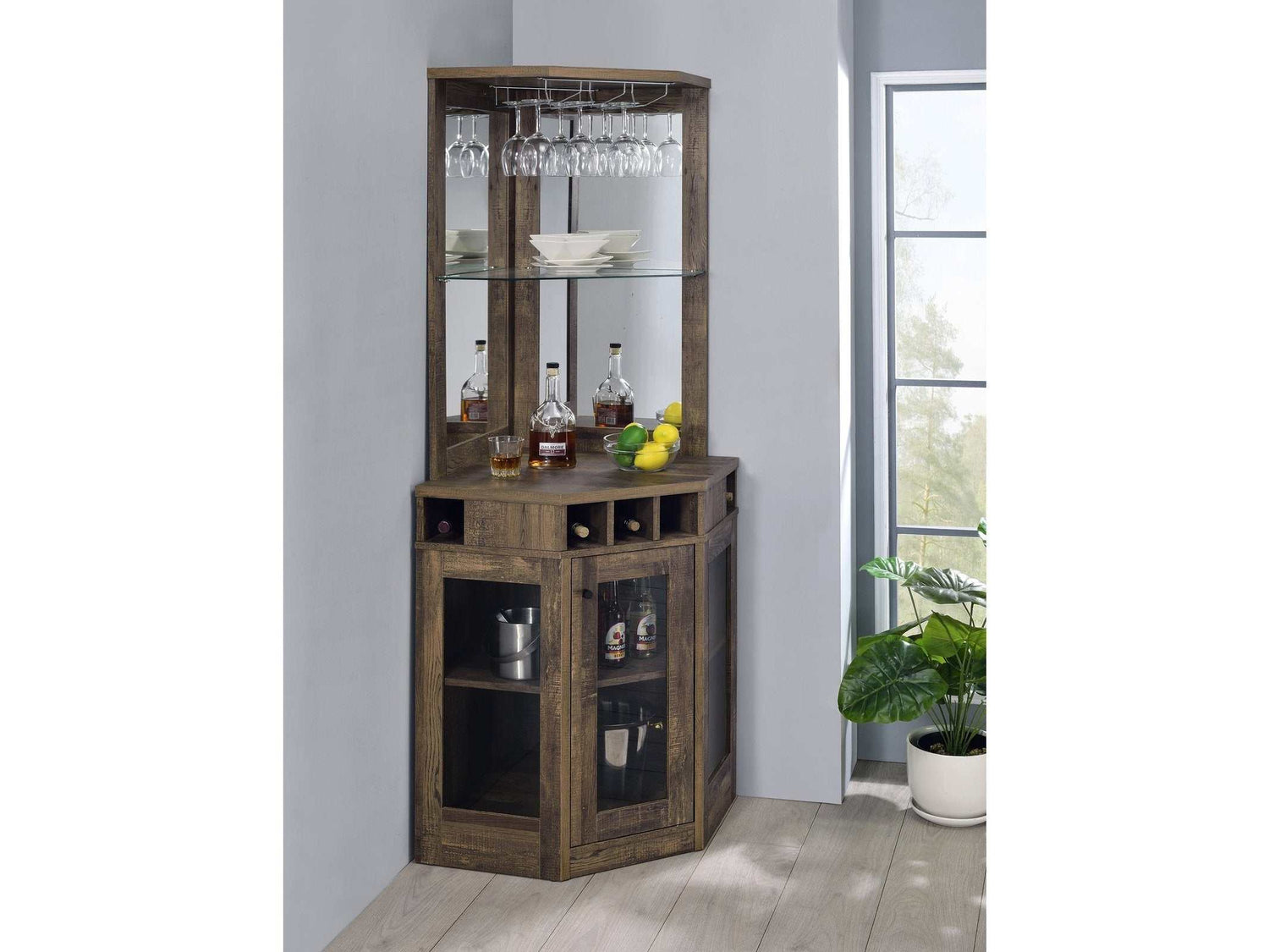 Cade Rustic Oak Corner Bar Cabinet w/ Stemware Rack - Ornate Home
