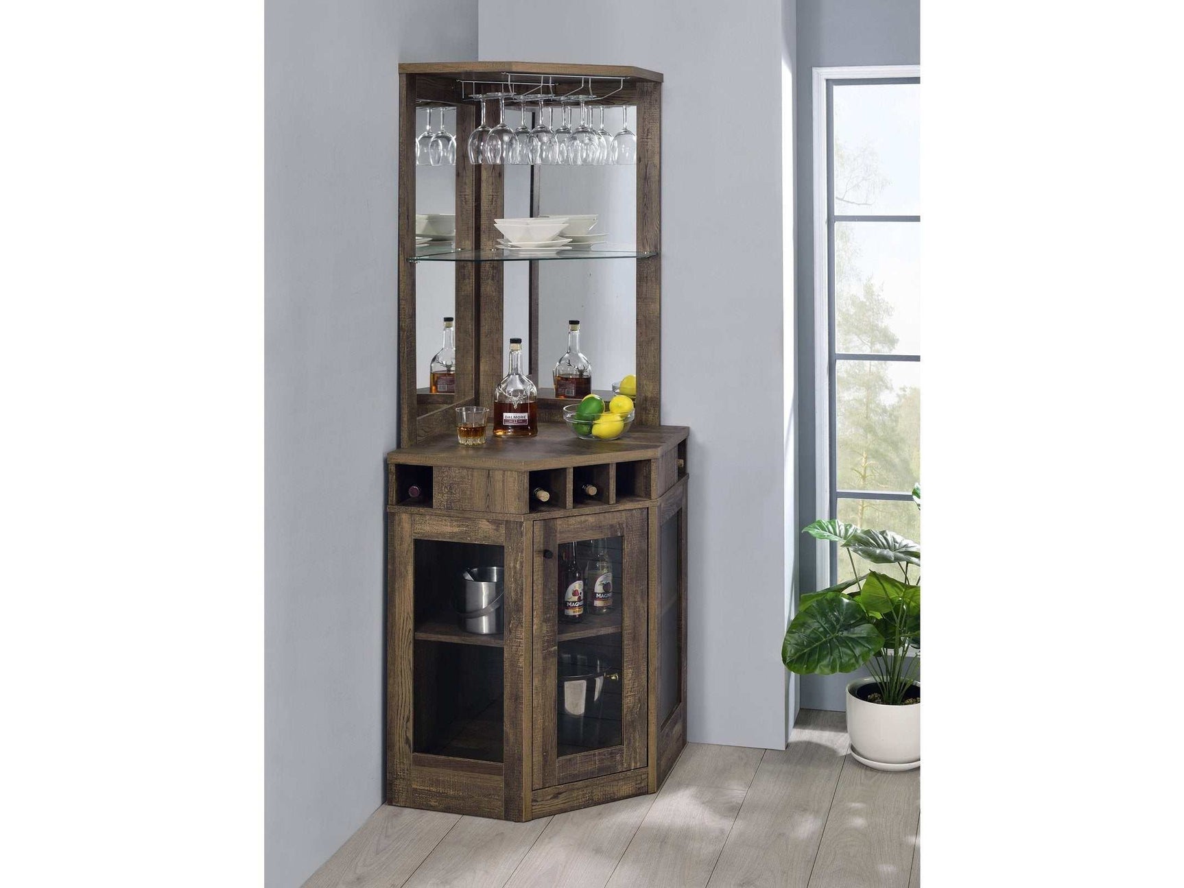 Cade Rustic Oak Corner Bar Cabinet w/ Stemware Rack - Ornate Home