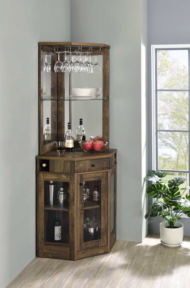 Cade Rustic Oak Corner Bar Cabinet w/ Stemware Rack - Ornate Home