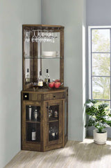 Cade Rustic Oak Corner Bar Cabinet w/ Stemware Rack - Ornate Home