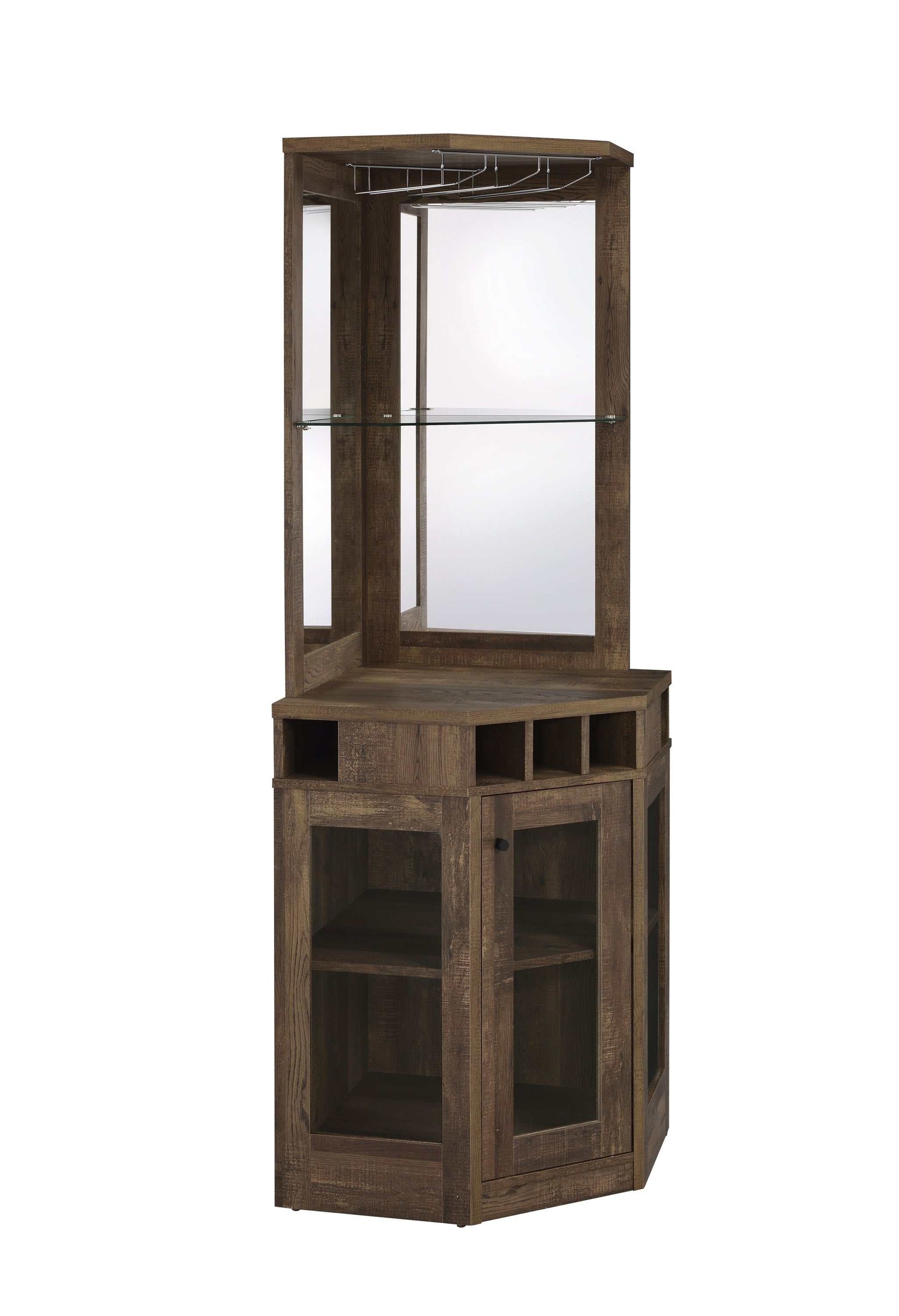 Cade Rustic Oak Corner Bar Cabinet w/ Stemware Rack - Ornate Home