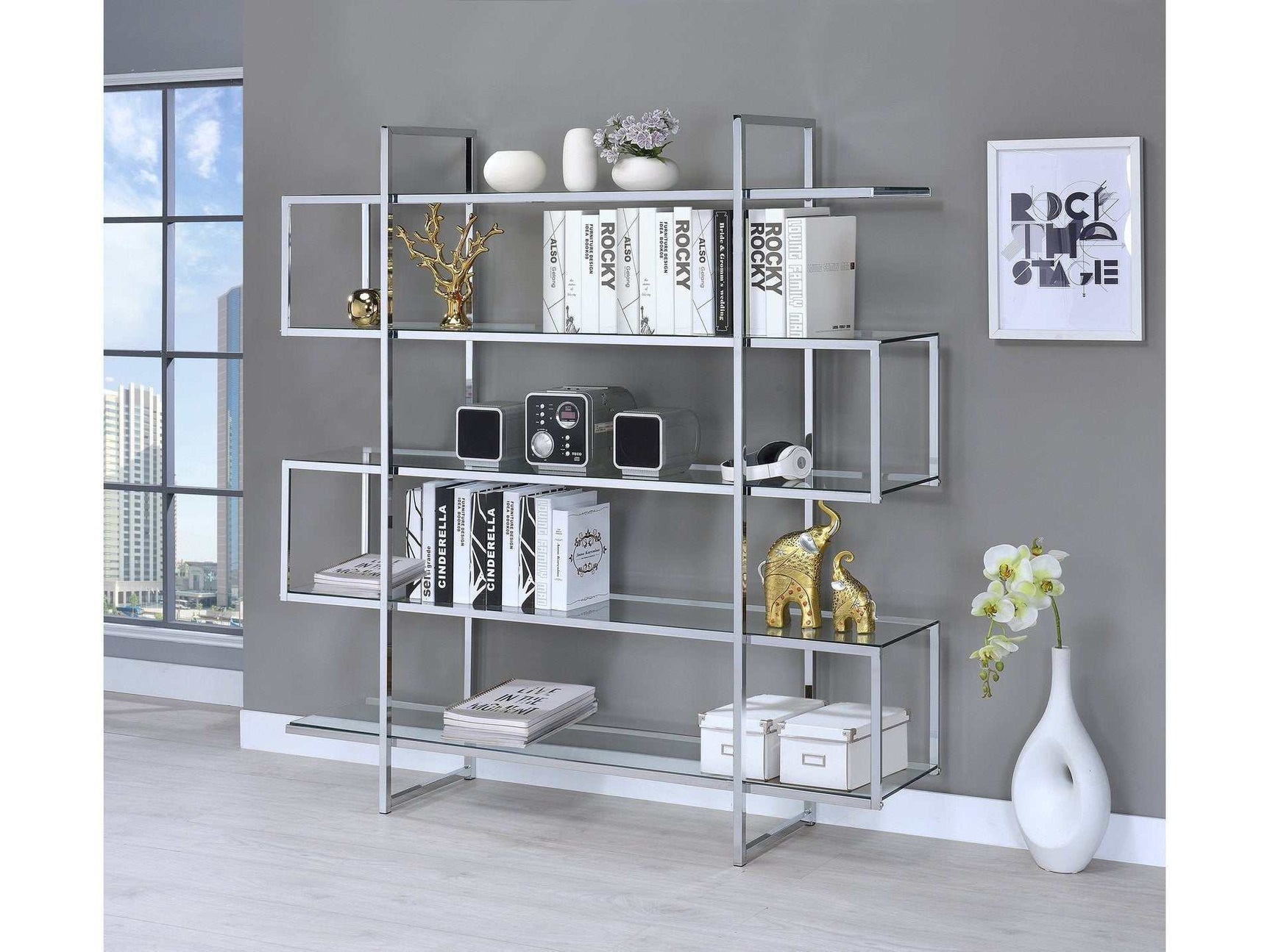 Caiden Chrome & Clear Bookcase - Ornate Home