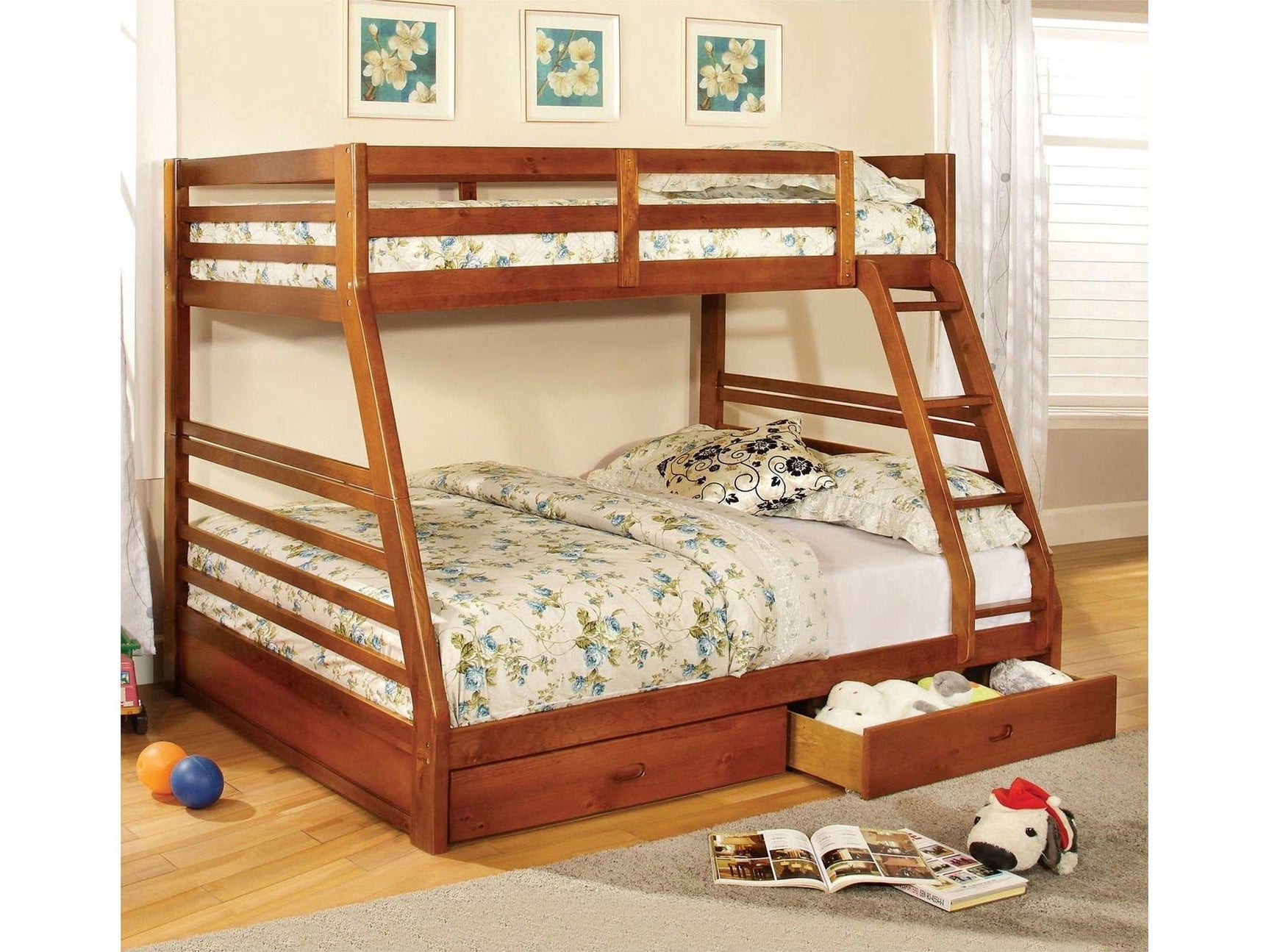 California Oak Twin/Full Bunk Bed w/ 2 Drawers - Ornate Home