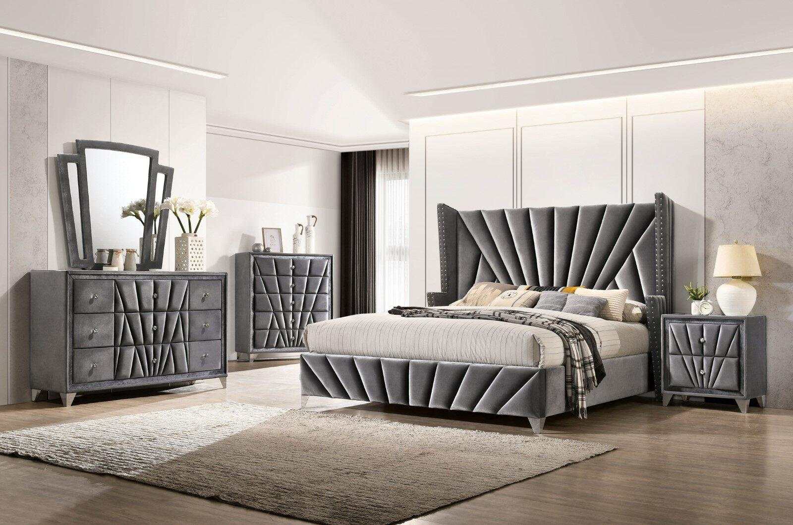 Carissa Gray Velvet Upholstered Wingback HB Bed - Ornate Home