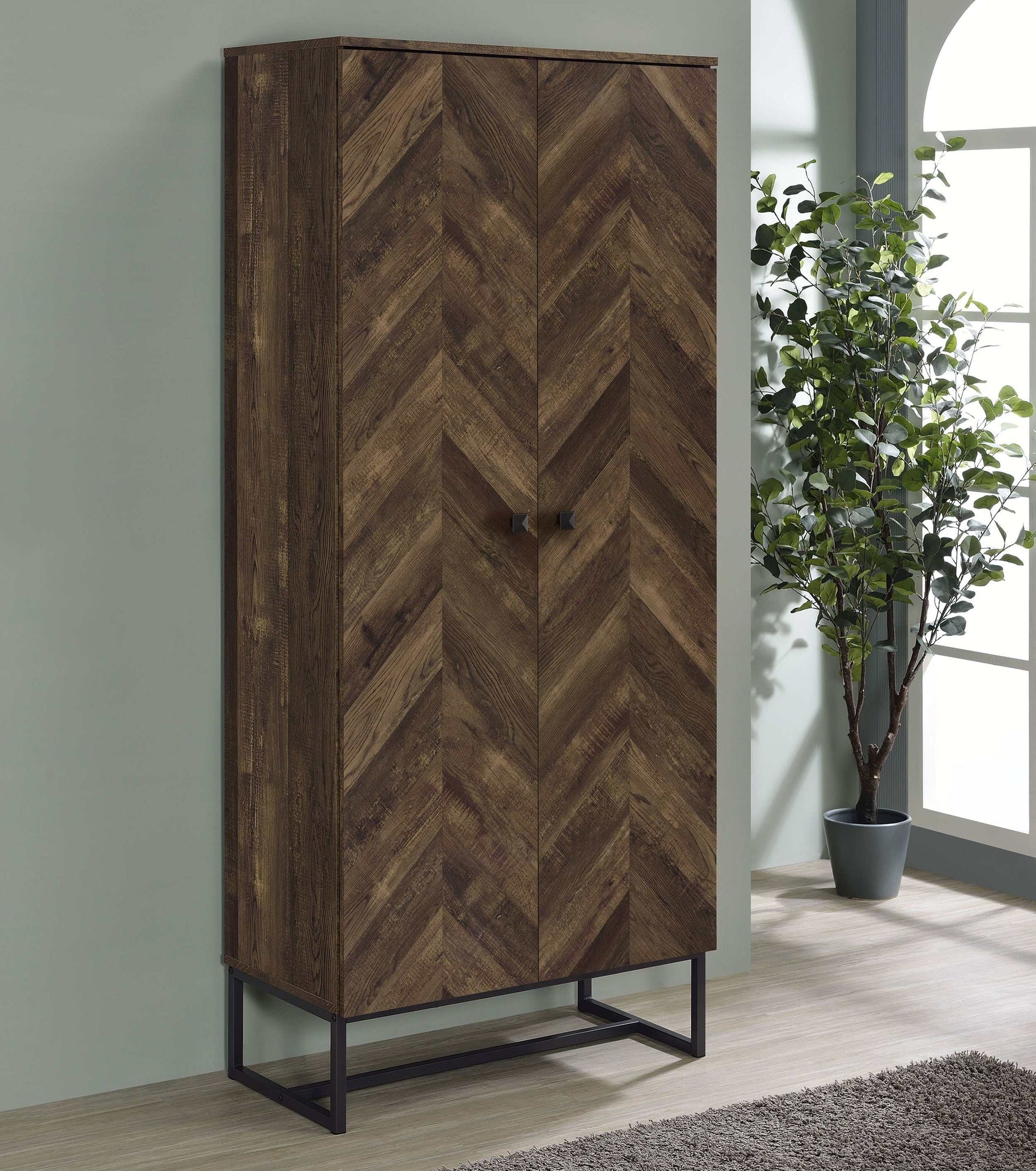 Carolyn Rustic Oak Herringbone Tall Accent Cabinet - Ornate Home