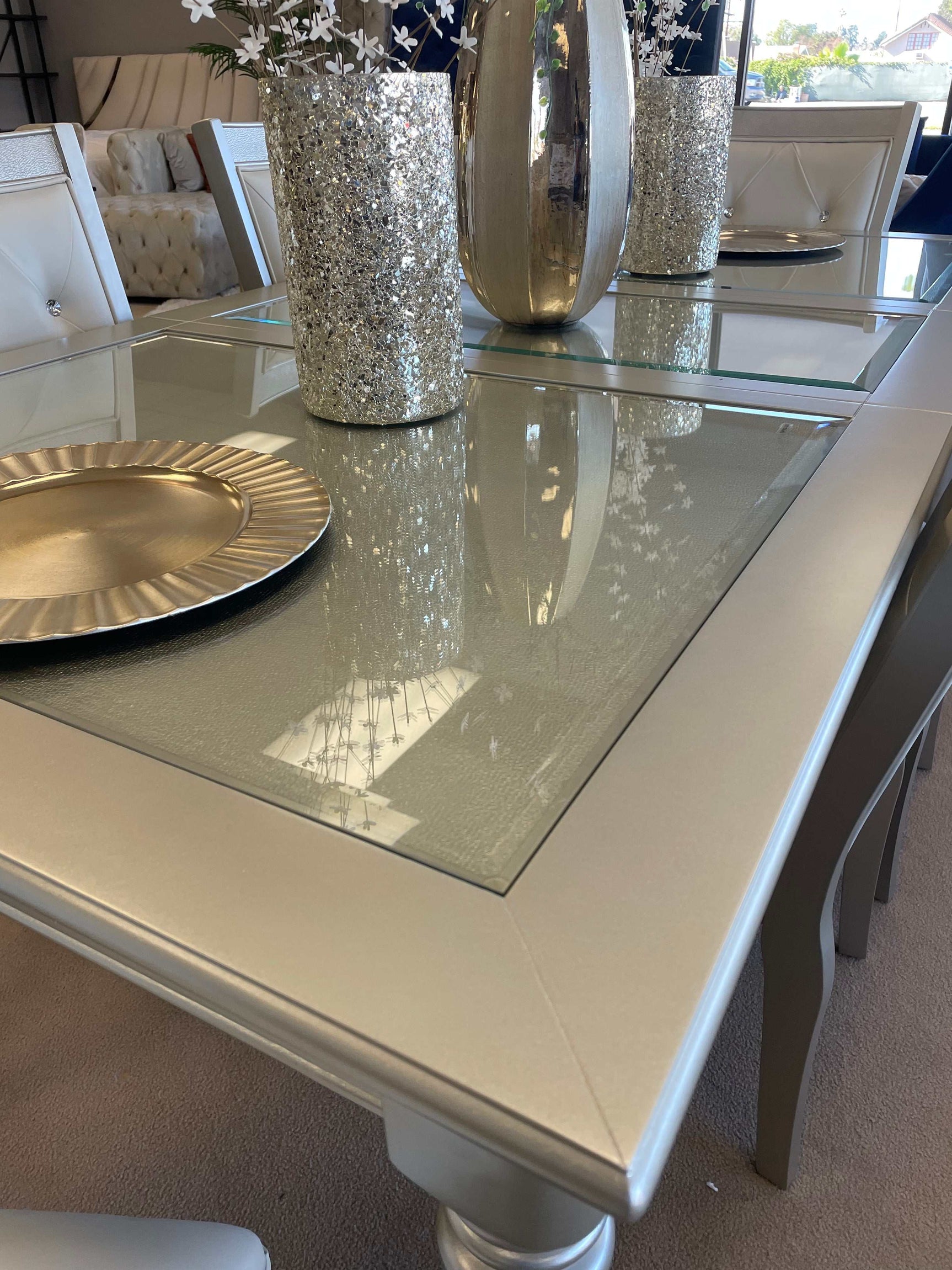 Celandine Silver Dining Table w/ Glass Insert & 18" Leaf - Ornate Home