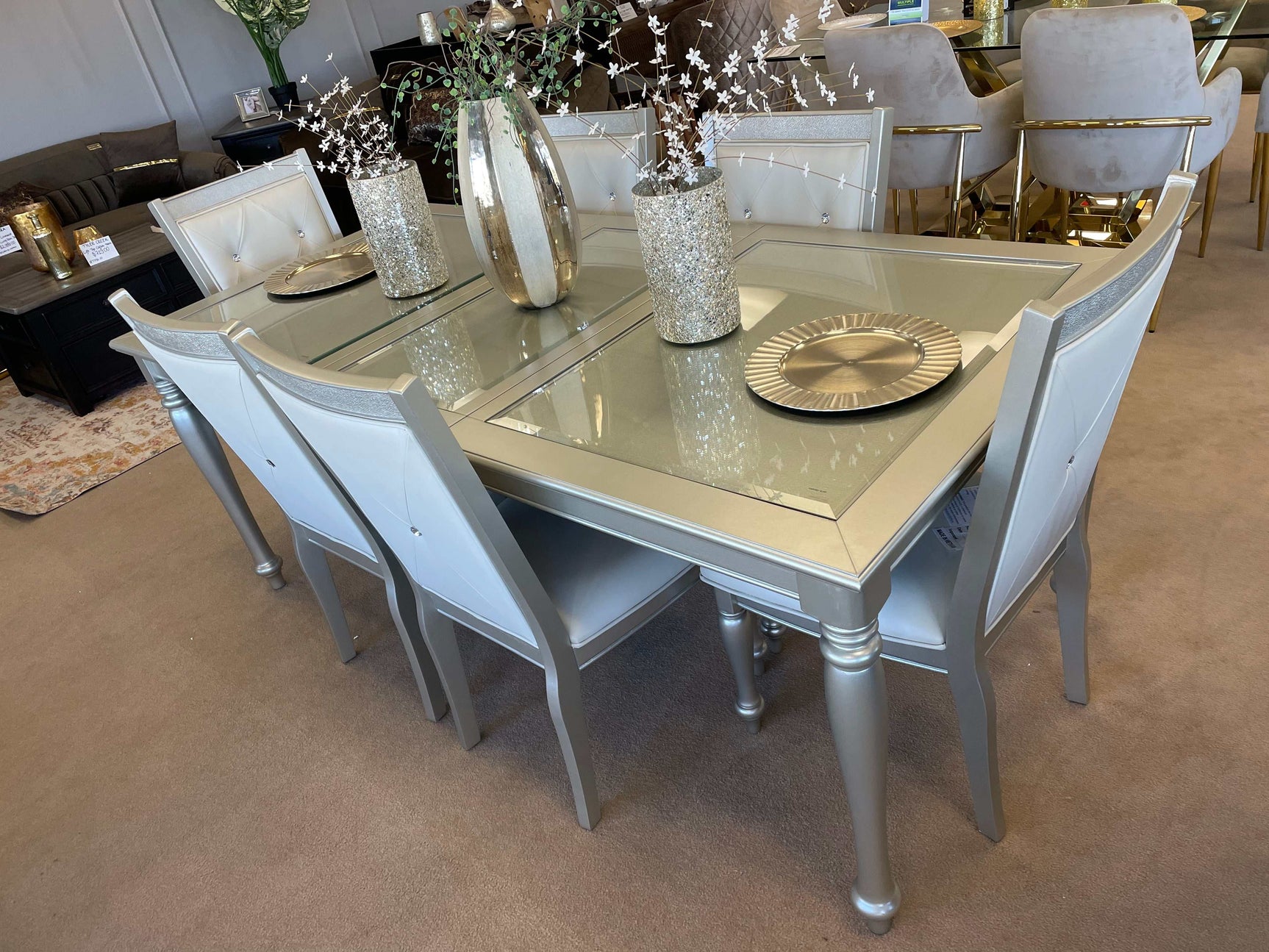 Celandine Silver Dining Table w/ Glass Insert & 18" Leaf - Ornate Home