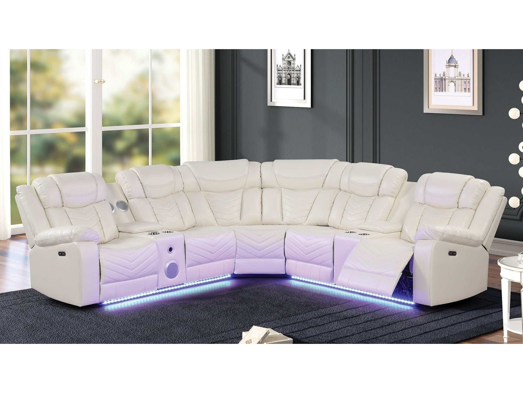 Challenger Beige Faux Leather Reclining Sectional Sofa w/ Built in USB-C Ports & Bluetooth - Ornate Home