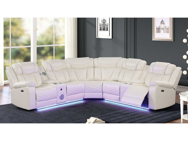 Challenger Beige Faux Leather Reclining Sectional Sofa w/ Built in USB-C Ports & Bluetooth - Ornate Home