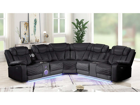Challenger Black Faux Leather Reclining Sectional Sofa w/Built in USB-C Ports & Bluetooth - Ornate Home