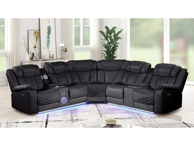 Challenger Black Faux Leather Reclining Sectional Sofa w/Built in USB-C Ports & Bluetooth - Ornate Home