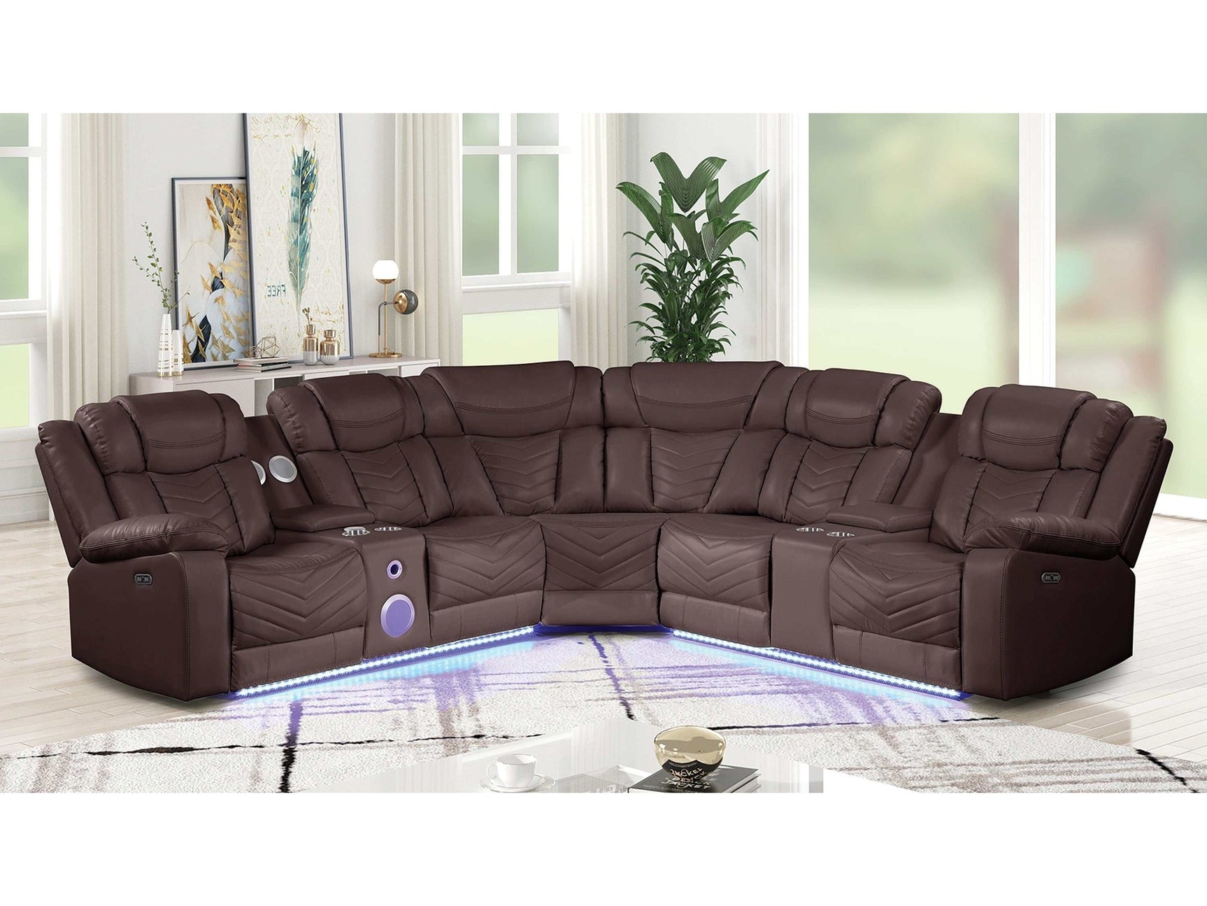 Challenger Brown Faux Leather Reclining Sectional Sofa w/Built in USB-C Ports & Bluetooth - Ornate Home