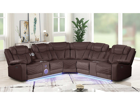 Challenger Brown Faux Leather Reclining Sectional Sofa w/Built in USB-C Ports & Bluetooth - Ornate Home