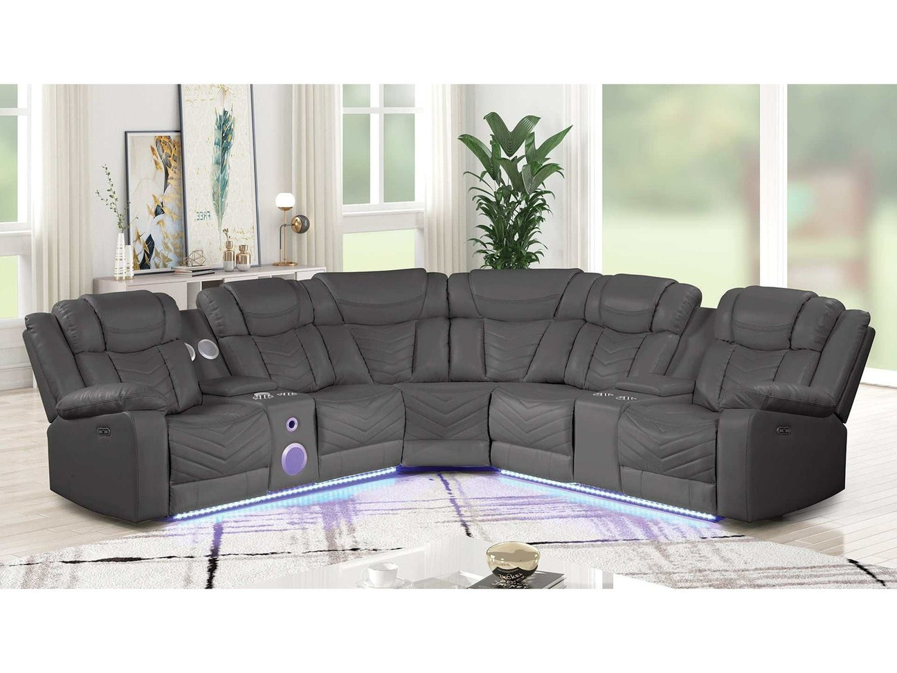 Challenger Gray Faux Leather Reclining Sectional Sofa w/Built in USB-C Ports & Bluetooth - Ornate Home