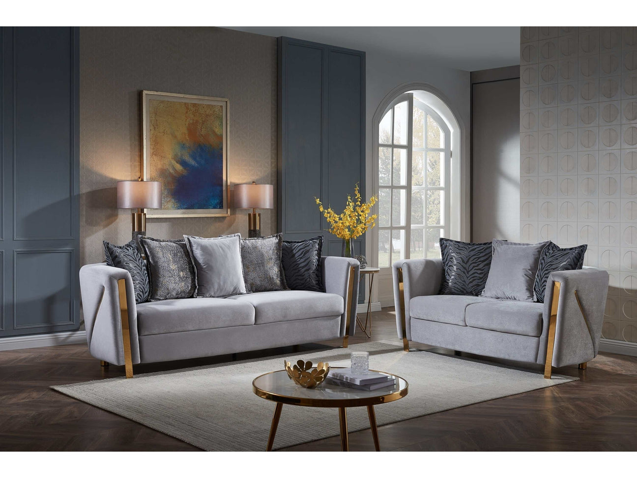 Chanelle Gray Velvet Living Room Set / 2pc - Ornate Home