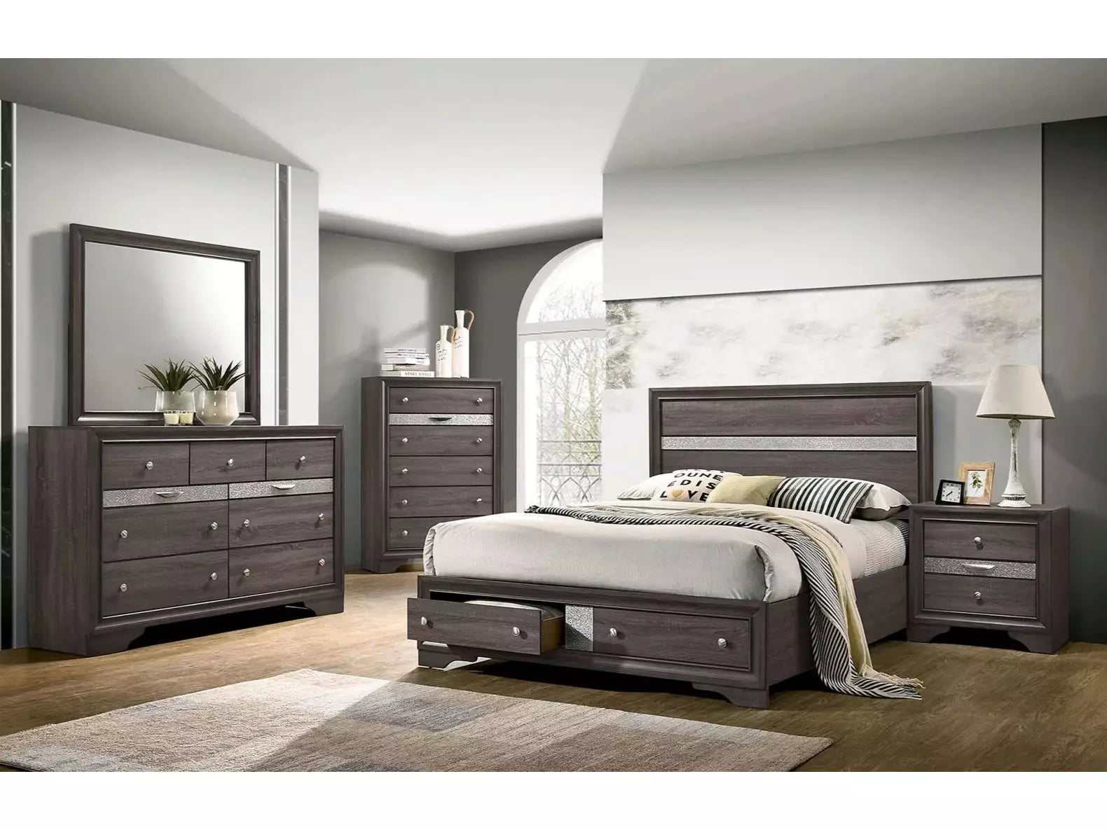 Chrissy Gray 5pc Queen Bedroom Set (2 Nightstands) - Ornate Home