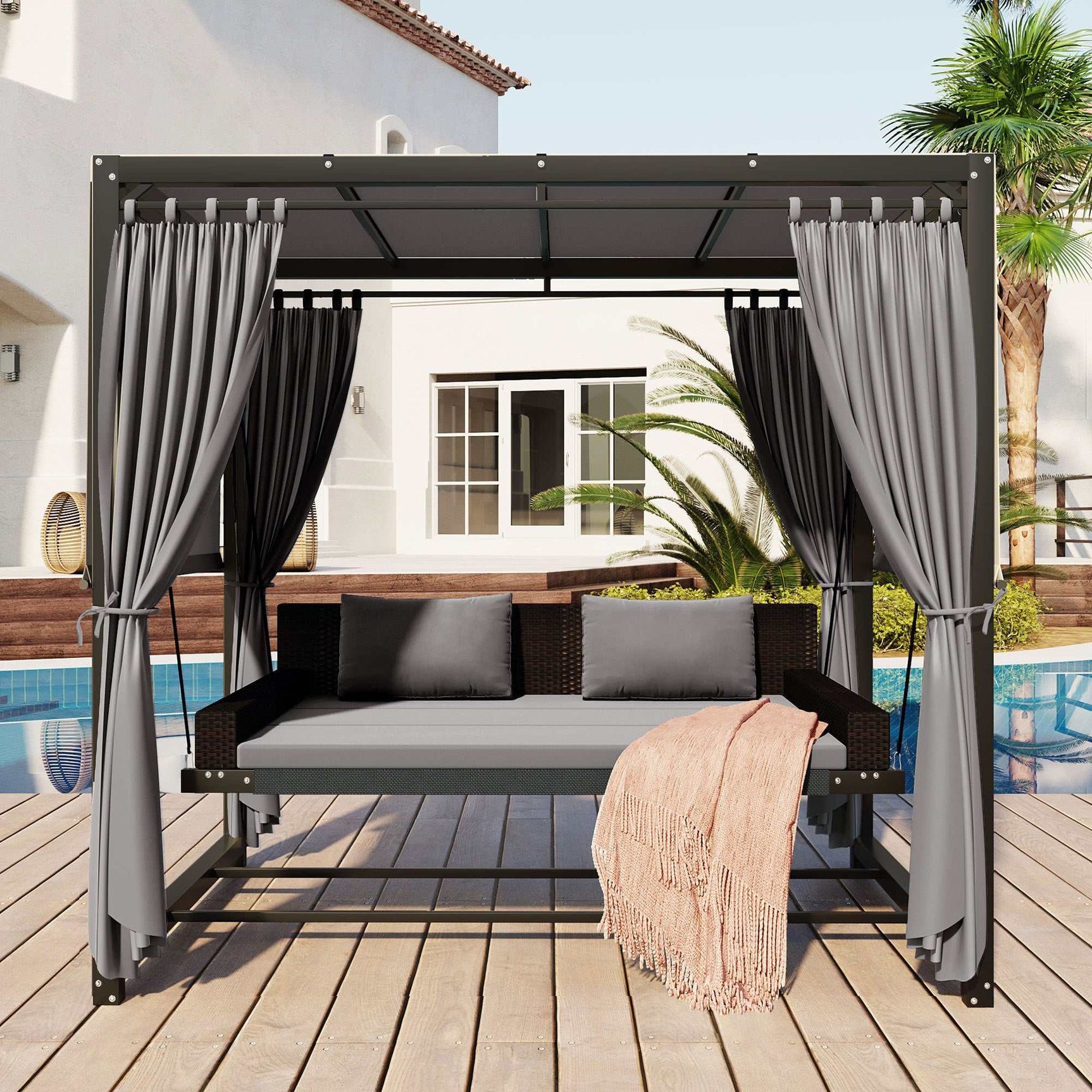 Cibola Rattan Outdoor Swing Bed with Adjustable Curtains Gray - Ornate Home
