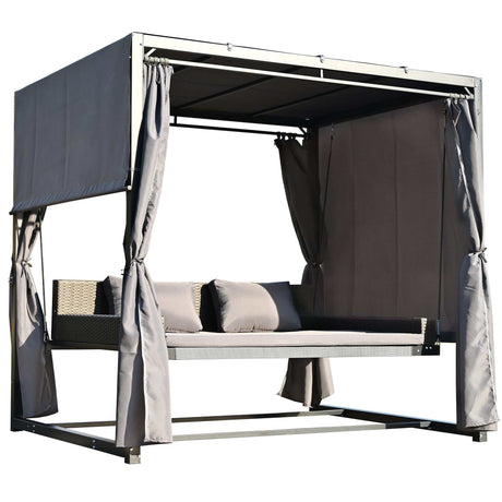 Cibola Rattan Outdoor Swing Bed with Adjustable Curtains Gray - Ornate Home