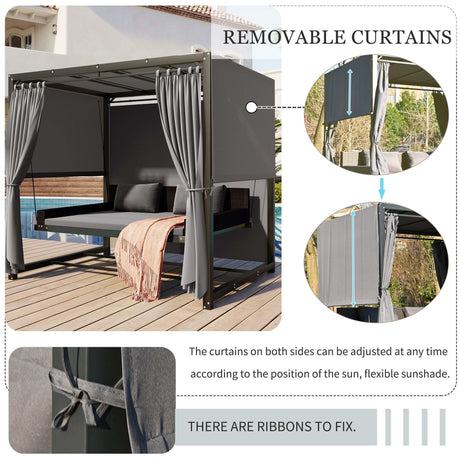 Cibola Rattan Outdoor Swing Bed with Adjustable Curtains Gray - Ornate Home