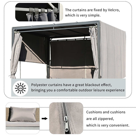 Cibola Rattan Outdoor Swing Bed with Adjustable Curtains Gray - Ornate Home