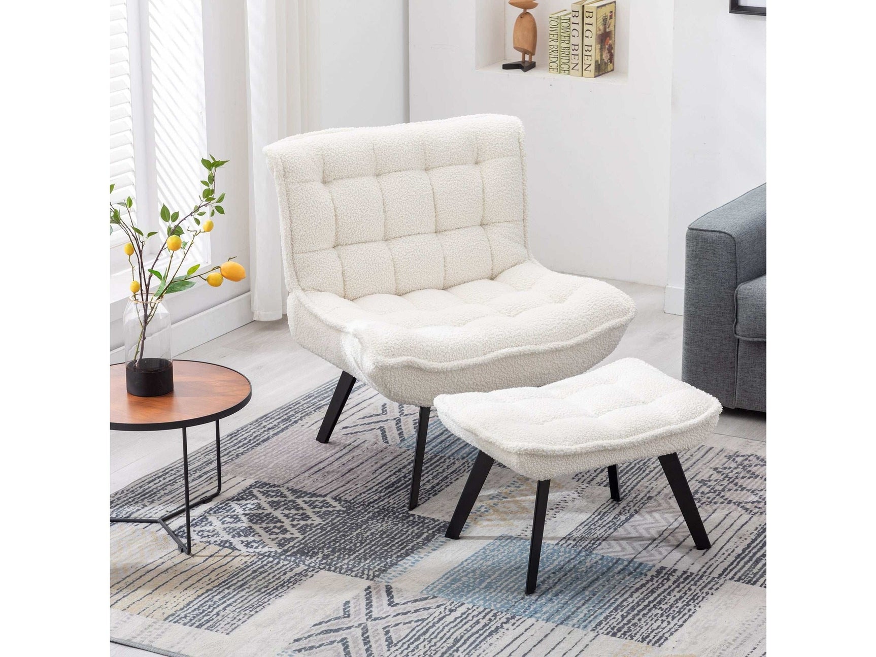 Cinder Boucle Accent Chair with Ottoman White - Ornate Home