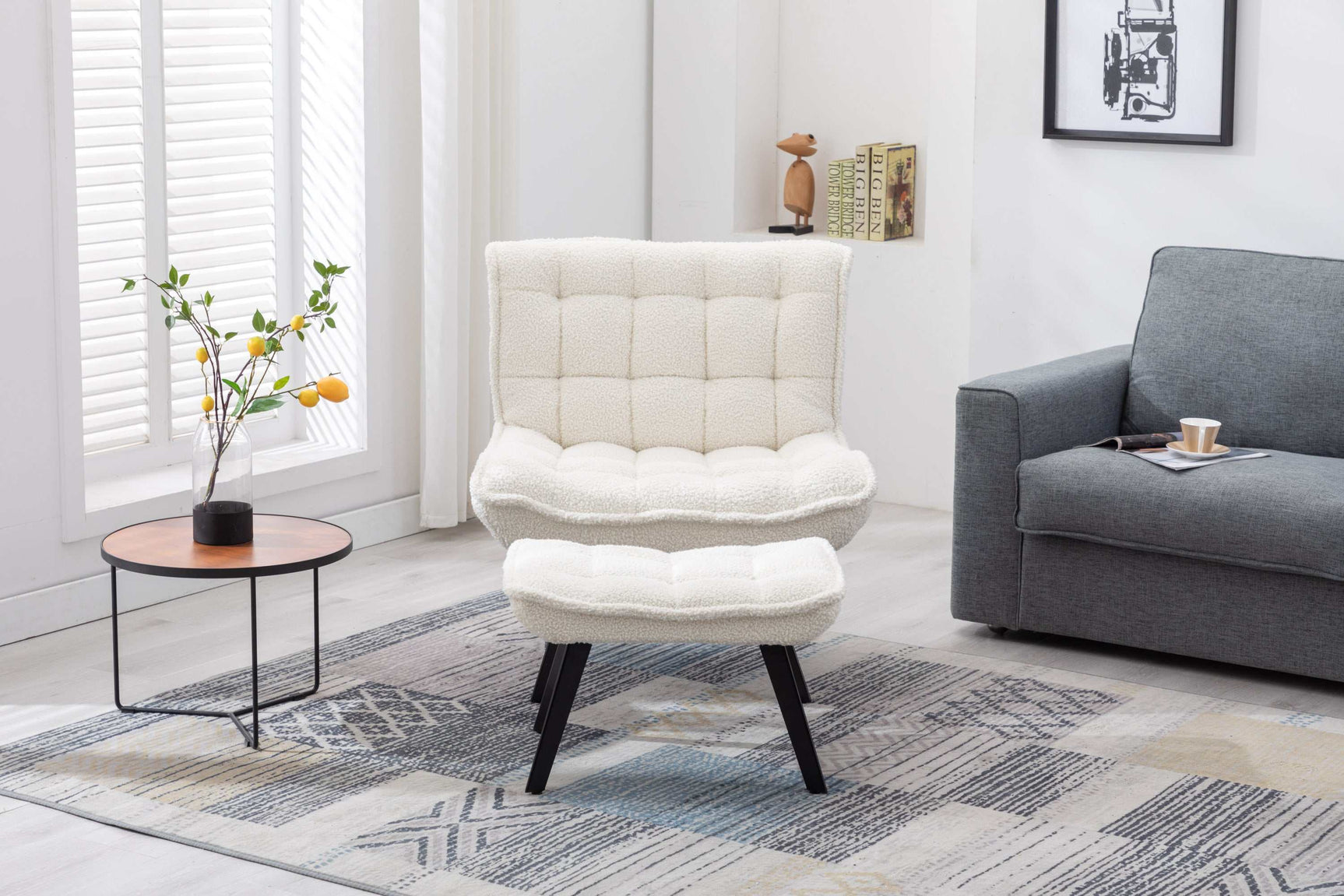 Cinder Boucle Accent Chair with Ottoman White - Ornate Home