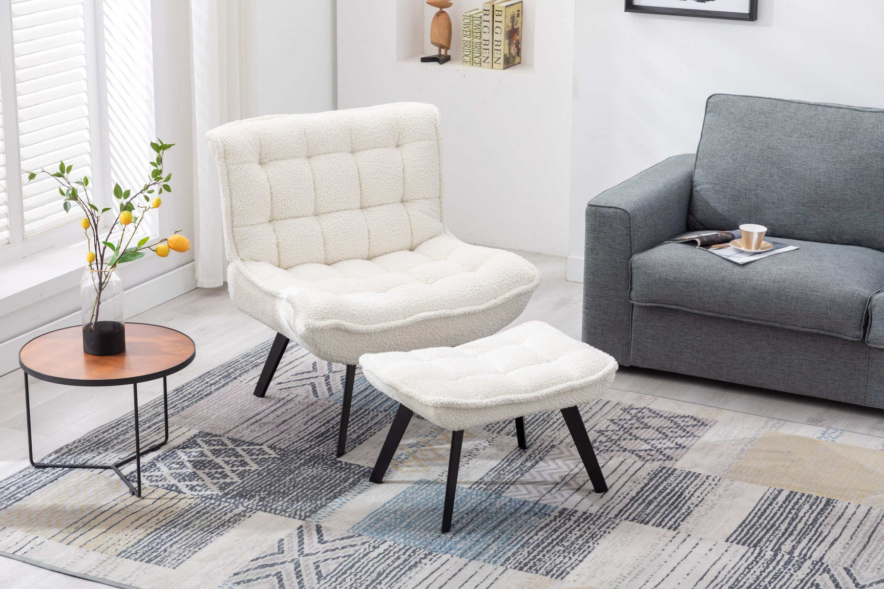 Cinder Boucle Accent Chair with Ottoman White - Ornate Home