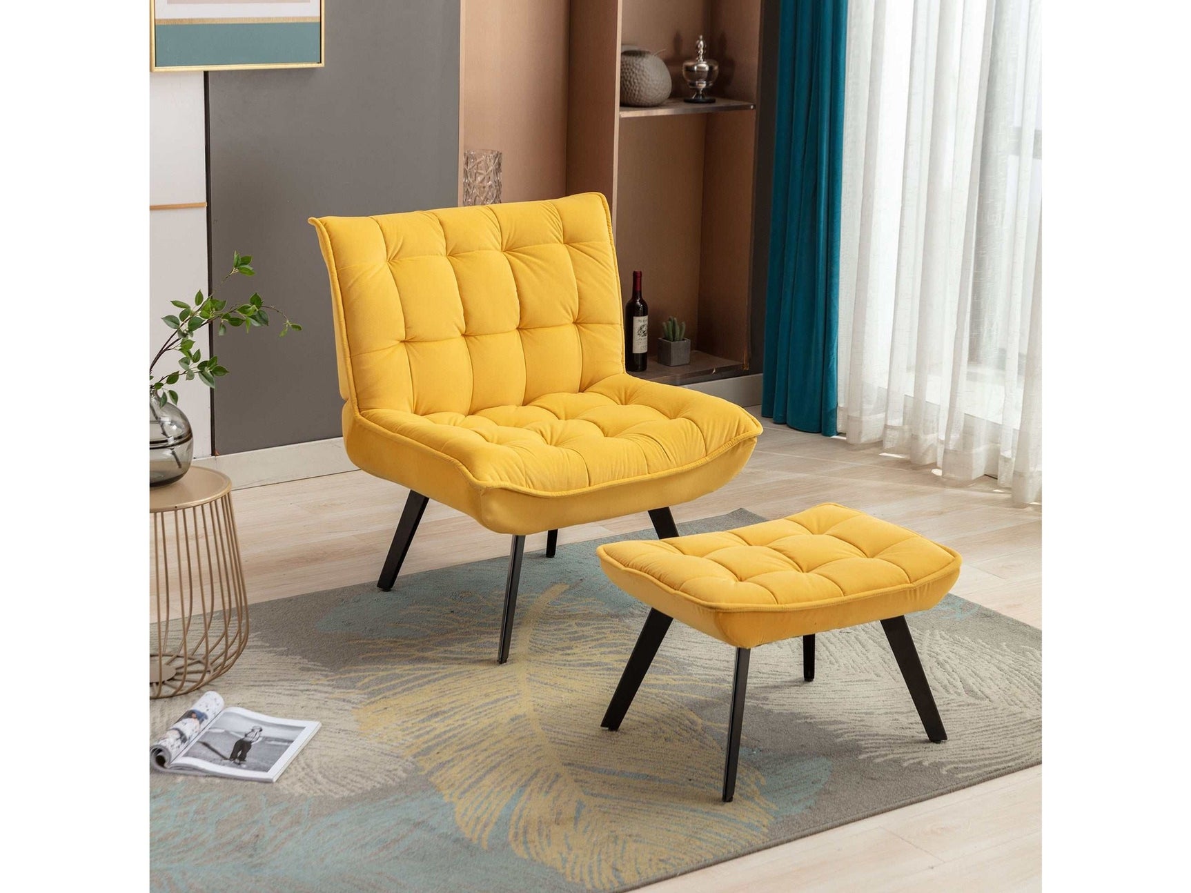 Cinder Velvet Accent Chair with Ottoman Yellow - Ornate Home
