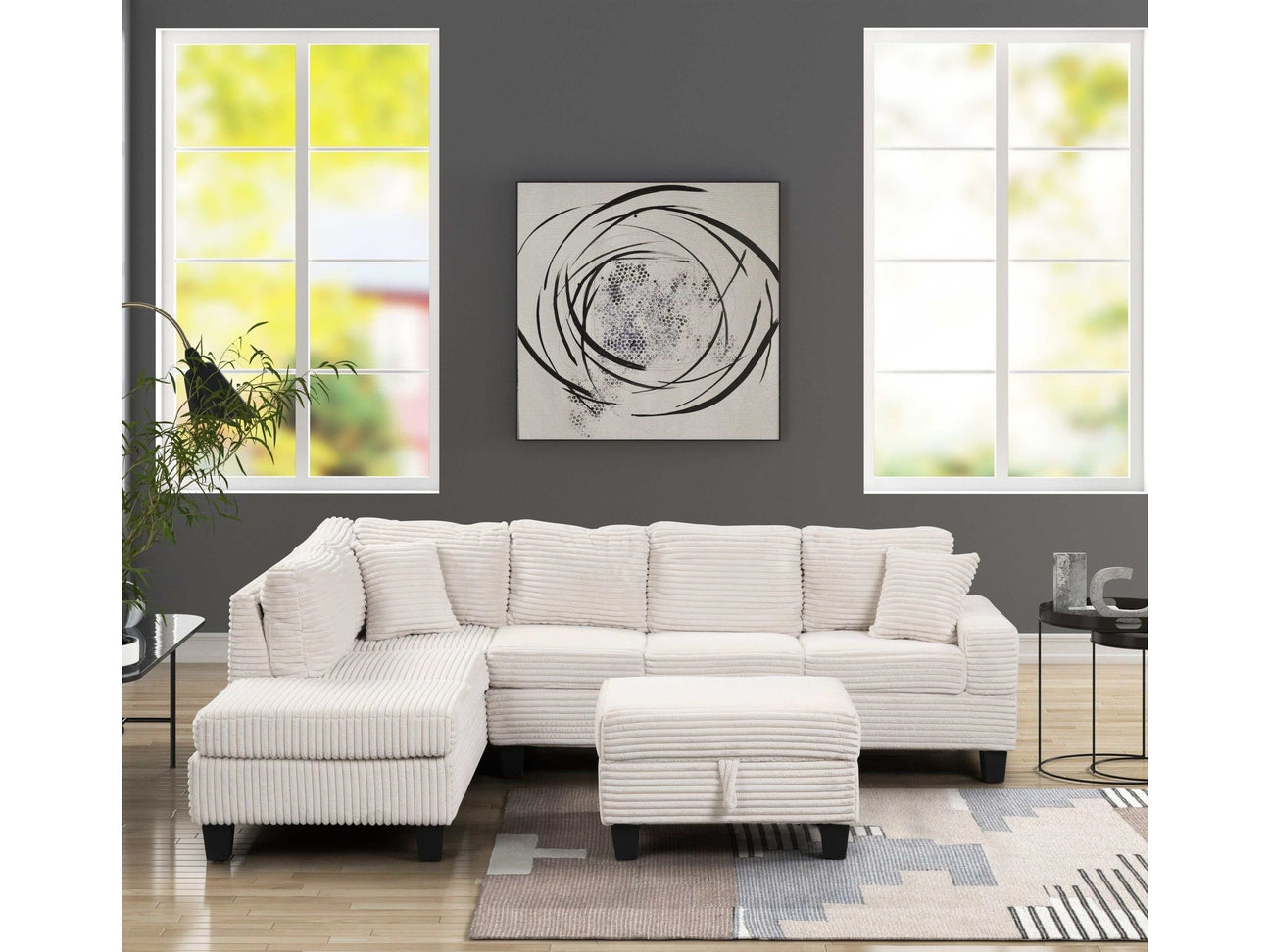 Cozy Cream Velvet RAF Sectional Sofa w/ Storage Ottoman - Ornate Home