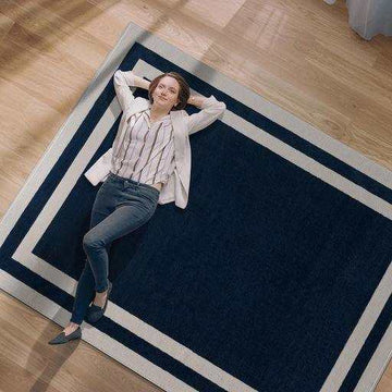 Crystal Navy Blue/Cream Modern Bordered Indoor Non Slip Area Rugs - Ornate Home