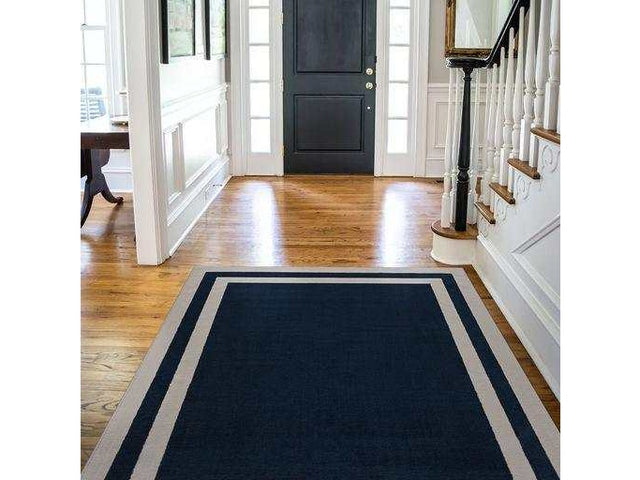 Crystal Navy Blue/Cream Modern Bordered Indoor Non Slip Area Rugs - Ornate Home