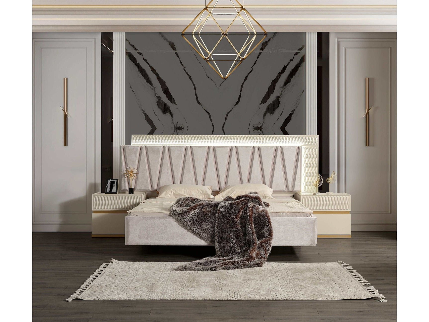 Delfano Beige Queen Bed w/ LED Headboard - Ornate Home