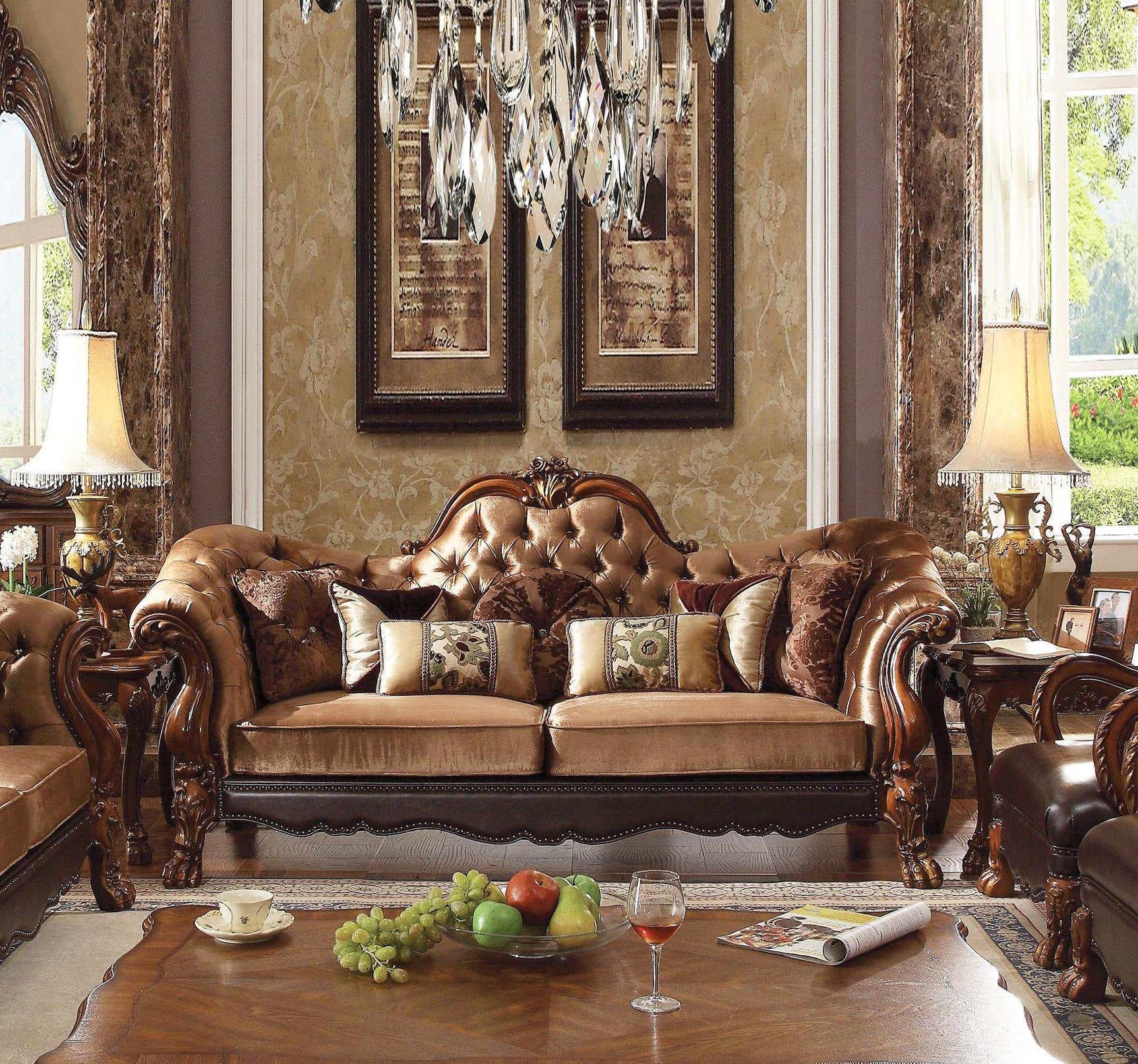 Dresden Brown Velvet/Cherry Oak Sofa w/7 Pillows - Ornate Home