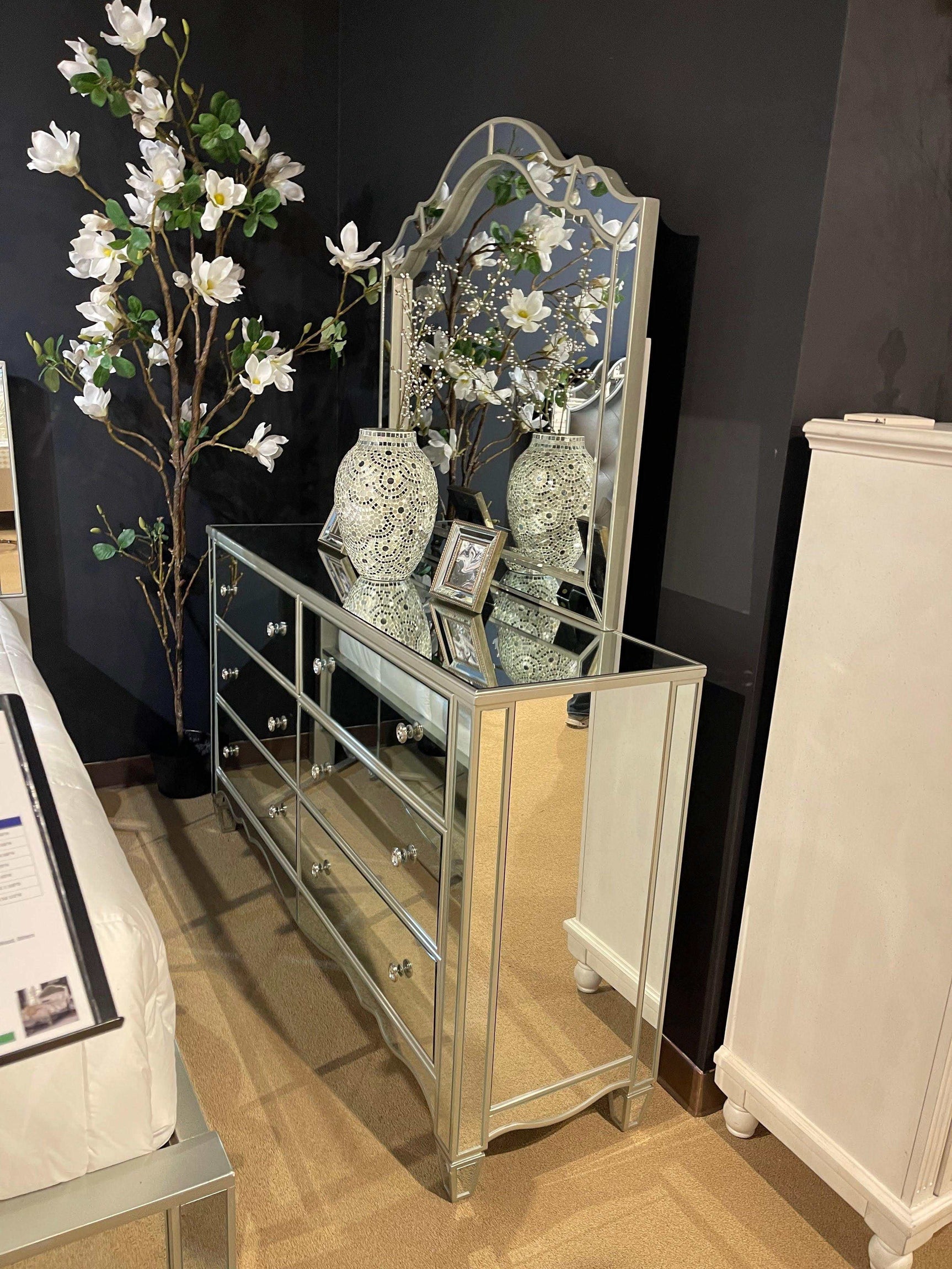 Eliora Silver & Mirrored Dresser and Mirror - Ornate Home